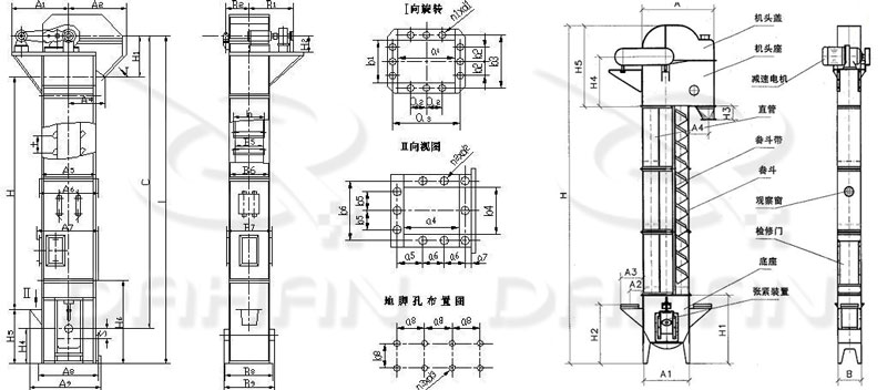 TD/D型斗式提升機(jī)基本結(jié)構(gòu):機(jī)頭蓋，機(jī)頭座，減速電機(jī)，直管，底座，緊張裝置等。