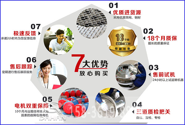 大漢食品振動(dòng)篩的7大優(yōu)勢(shì)：優(yōu)質(zhì)進(jìn)貨源，售后跟蹤，售前試機(jī)等。