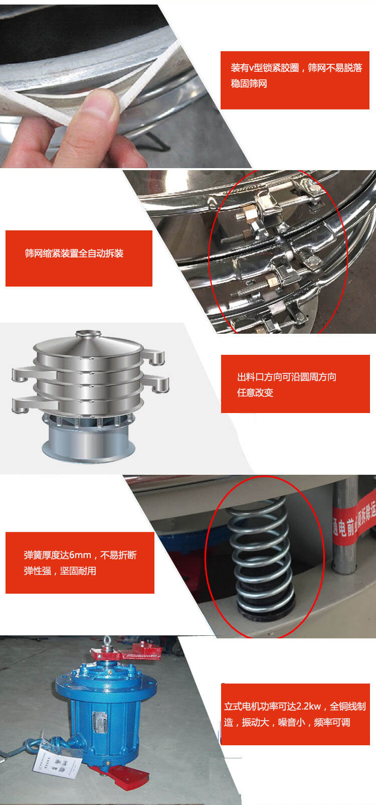 裝有V型鎖緊膠圈，使篩網(wǎng)不易脫落穩(wěn)固篩網(wǎng)，篩網(wǎng)鎖緊裝置，全自動拆裝，出料口方向可沿圓周方向任意改變。彈簧厚度達6mm，不易折斷，彈性強，堅固耐用。專業(yè)的振動電機，全銅線制造，振動大，機械噪音小，頻率可調(diào)。產(chǎn)品對比:材質(zhì)：大漢振動篩廠家采用304不銹鋼材質(zhì)耐腐蝕性，耐熱性強。個別廠家采用其它金屬材質(zhì)，耐腐蝕性，耐熱性差蒸發(fā)緩慢，烘干效率較低。大漢振動篩廠家采用金屬編織網(wǎng)，篩分精度高，效率高，篩網(wǎng)利用率高。