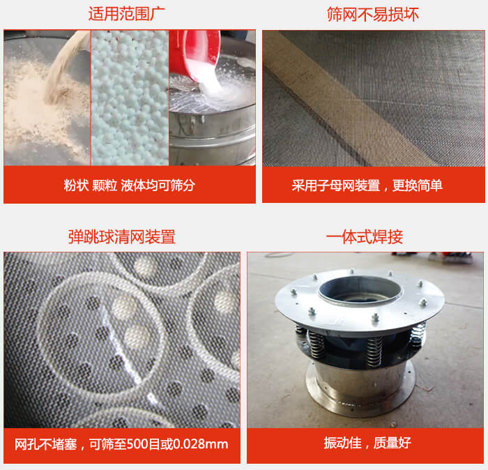 食品振動(dòng)篩特點(diǎn)：1，效率高？：效率高，設(shè)計(jì)精巧耐用，任何粉類，粘液軍可篩分。2，操作簡(jiǎn)單采用優(yōu)質(zhì)材料，換網(wǎng)容易，操作簡(jiǎn)單，清洗方便。3，網(wǎng)孔不堵塞粉末不飛揚(yáng)，可篩至500目或0.028mm4，精細(xì)做工產(chǎn)品經(jīng)過嚴(yán)格加工程序，做工精細(xì)美觀耐用。5，獨(dú)特網(wǎng)架設(shè)計(jì)篩網(wǎng)使用時(shí)間長(zhǎng)久，換網(wǎng)只需3-5分鐘。