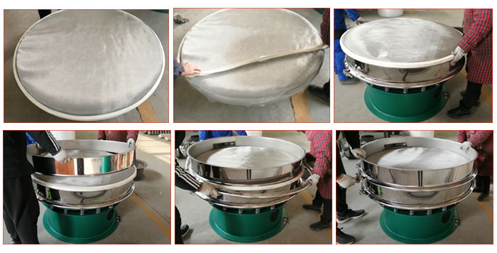 食品振動(dòng)篩網(wǎng)安裝步驟3，將密封圈安裝到網(wǎng)架周圍，將篩框放到網(wǎng)架上，并利用束環(huán)將上下兩層篩框固定在一起。