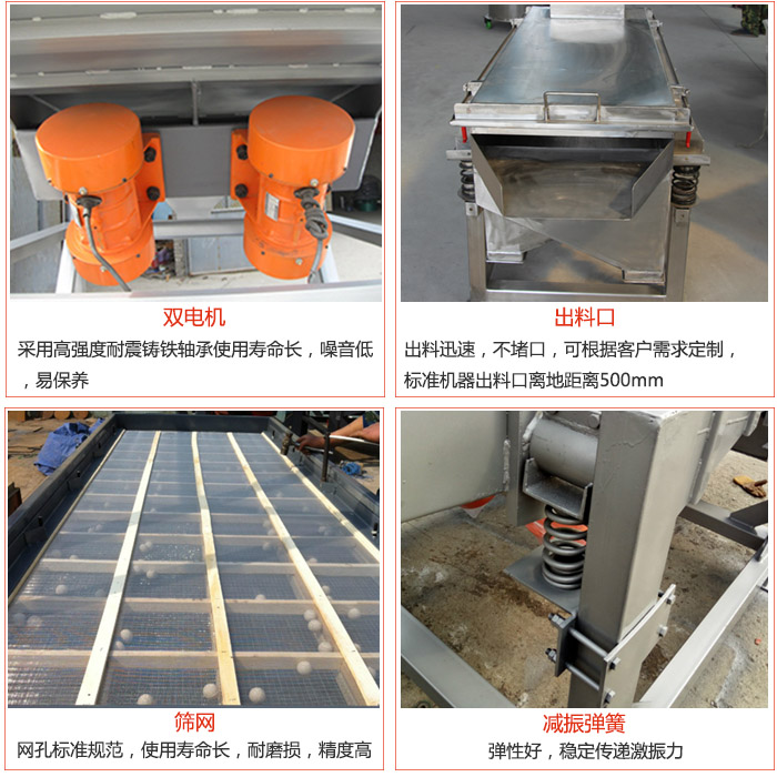 線振動篩配件優(yōu)勢：雙電機(jī)采用高強(qiáng)度耐震鑄鐵軸承使用壽命長，噪音低，易保養(yǎng)，出料口：出料迅速，不堵口，可根據(jù)客戶需求定制標(biāo)準(zhǔn)機(jī)器出料口離地距離500mm。篩網(wǎng)：網(wǎng)孔標(biāo)準(zhǔn)規(guī)范，使用壽命長，耐磨損，精度高。減震彈簧彈性好，穩(wěn)定傳遞激振力。