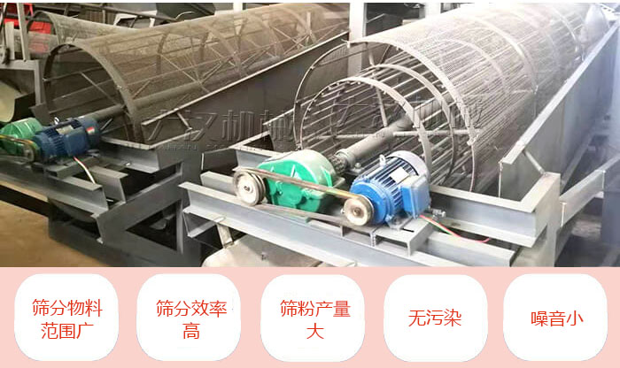滾筒篩分機主要特點：篩分物料范圍廣，篩分效率高，篩分產(chǎn)量大，無污染，噪音小。