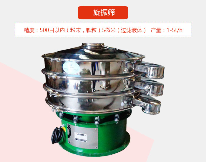 旋振篩精度：500目以內(nèi)（粉末，顆粒）5微米（過(guò)濾液體）產(chǎn)量：1-5t/h