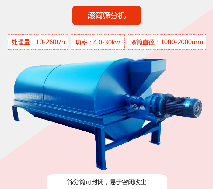 滾筒篩分機：處理能力：10-260t/h  功率：4.0-30kw 滾筒直徑：1000-2000mm 篩分筒可封閉，易于密閉收塵