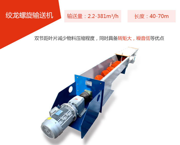 絞龍螺旋輸送機輸送量：2.2-381m3/h 長度：40-70m 雙節(jié)距葉片減少物料壓縮程度，同時具備轉(zhuǎn)矩大，噪音低等優(yōu)點。