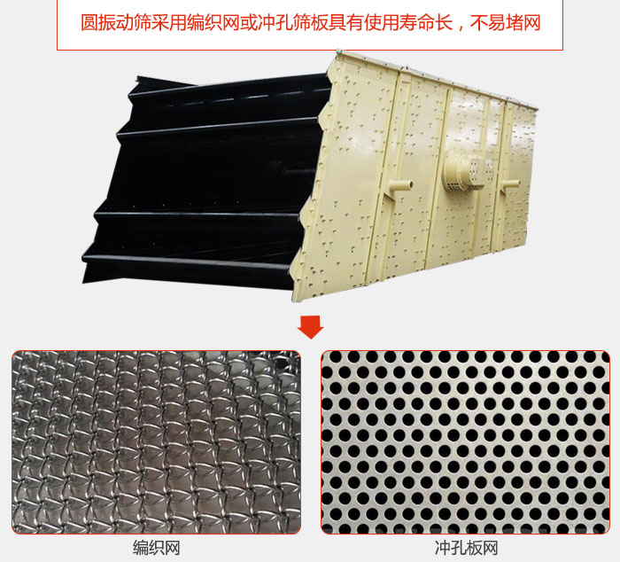 圓振動(dòng)篩采用編織網(wǎng)或沖孔篩板具有使用壽命長(zhǎng)，不易堵網(wǎng)。