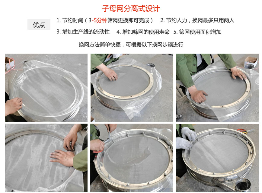 大漢振動機械換網(wǎng)優(yōu)勢：1，節(jié)省時間（3-5分鐘篩網(wǎng)更換即可完成）2，節(jié)省人力，換網(wǎng)只有兩人。3.增加生產(chǎn)線的流暢性。4.增加篩網(wǎng)壽命，彈跳球不直接撞擊子網(wǎng)。5.篩網(wǎng)使用面積增加。
