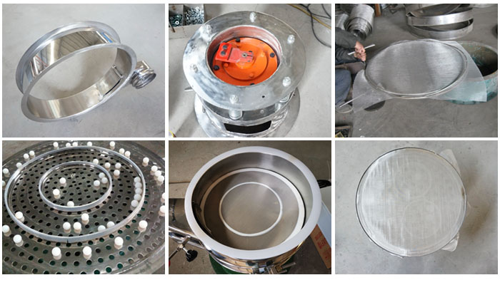 不銹鋼小型振動篩細節(jié)：振動篩篩框，振動電機座，篩網(wǎng)，彈跳球，密封圈，篩網(wǎng)網(wǎng)架。