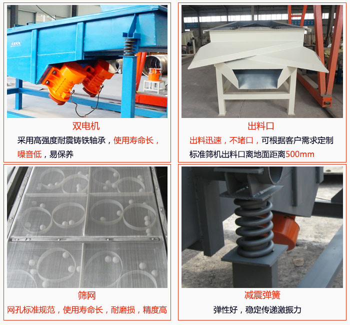 1030直線振動篩雙電機(jī)采用高強(qiáng)度耐震鑄鐵軸承使用壽命長、噪音低，易保養(yǎng)；出料口排料迅速，不堵口，可根據(jù)客戶需求定制，標(biāo)準(zhǔn)機(jī)器出料口離地面距離500mm;篩網(wǎng)網(wǎng)孔標(biāo)準(zhǔn)規(guī)范、使用壽命長，耐磨損、精度高；減震彈簧：彈性好，穩(wěn)定傳遞激振力。