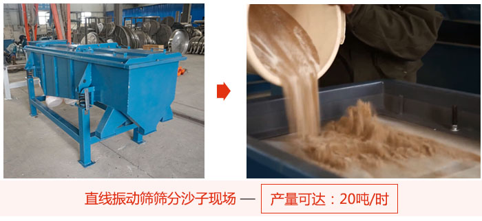 直線振動篩篩分沙子現(xiàn)場展示，產(chǎn)量高達(dá)20噸每小時。
