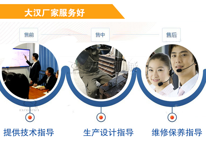 大漢廠家服務(wù)流程：售前-售中-售后：提供技術(shù)指導(dǎo)，生產(chǎn)設(shè)計(jì)指導(dǎo)，維修保養(yǎng)指導(dǎo)。