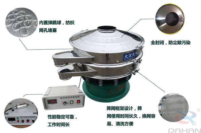 　三氯蔗糖粉超聲波振動篩特點：內(nèi)置彈跳球，紡織網(wǎng)孔堵塞，全封閉，防塵除污染，性能穩(wěn)定可靠工作時間長，篩網(wǎng)框架設計，篩網(wǎng)使用時間長久，換網(wǎng)容易，清洗方便。