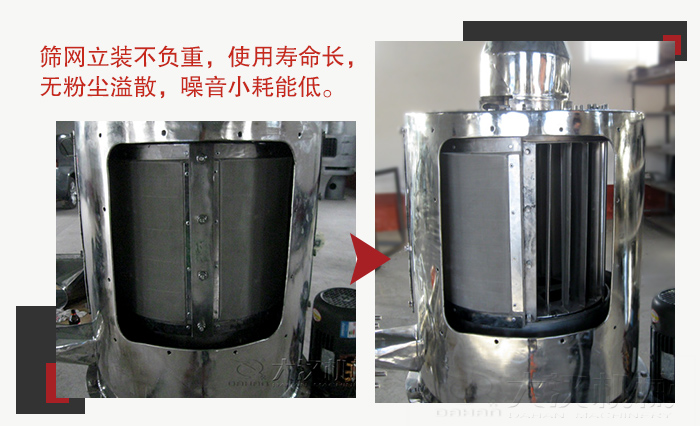 氣流篩采用立式篩網(wǎng)，不受物料的沖擊力的影響，篩網(wǎng)使用壽命長(zhǎng)