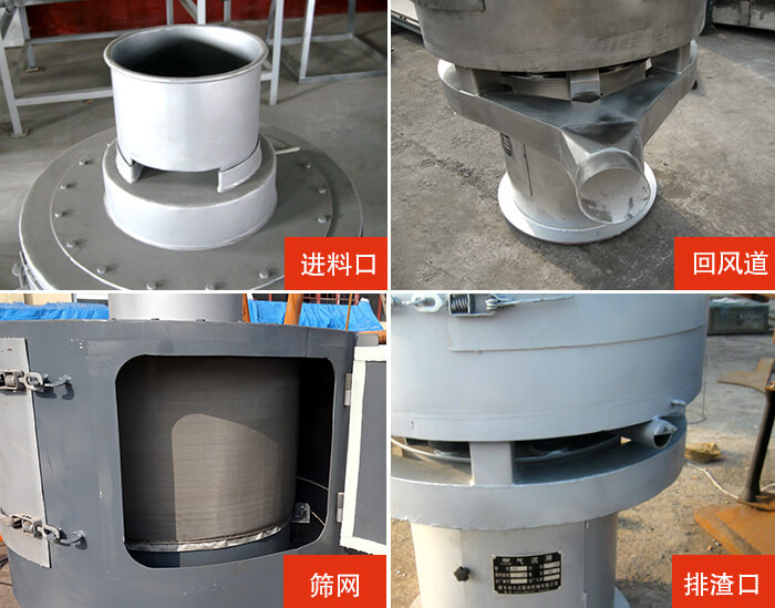 氣流篩分機進料口，回風道，篩網(wǎng)，排渣口。