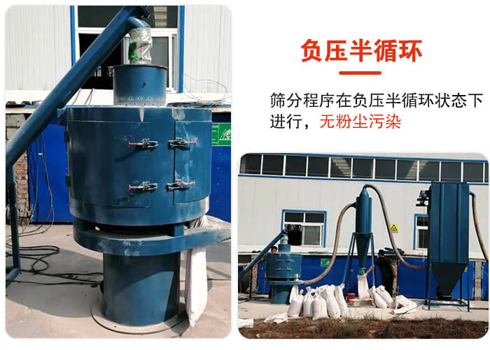 氣流篩負壓半循環(huán)，篩分程序在負壓版循環(huán)狀態(tài)下進行，無粉塵污染。