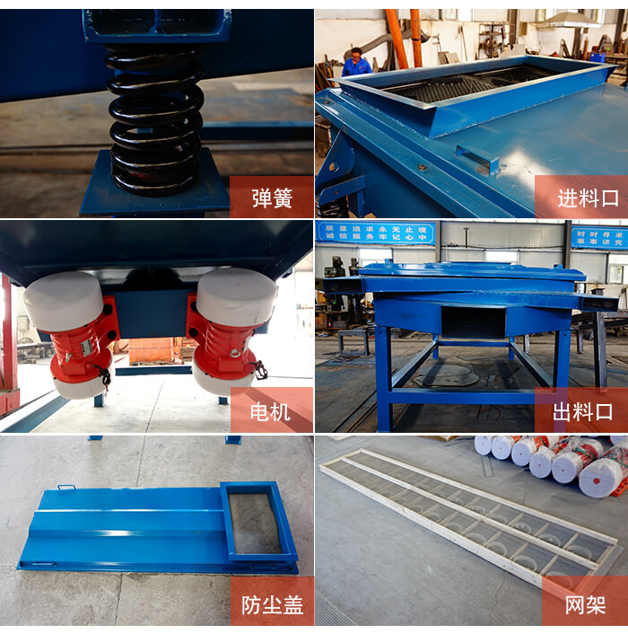 1035直線振動篩細(xì)節(jié)展示：出料口，振動彈簧，振動電機(jī)，進(jìn)料口。