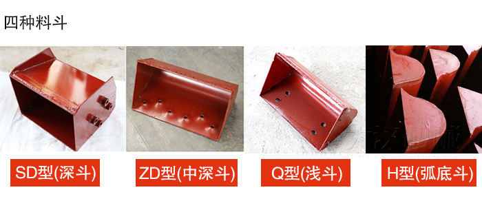 四種料斗Q型(淺斗)、H型(弧底斗)、ZD型(中深斗)SD型(深斗)展示圖