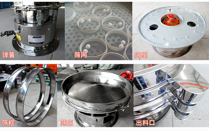 細(xì)節(jié)展示：篩框，篩網(wǎng)，振動(dòng)底座，振動(dòng)體，出料口。